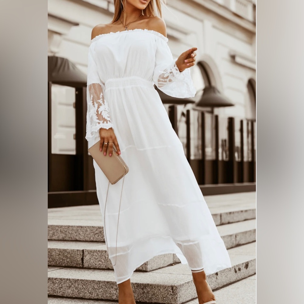 Women's Off Shoulder Bohemian Chiffon Lace Ruffle Long Sleeve Blouse Dress